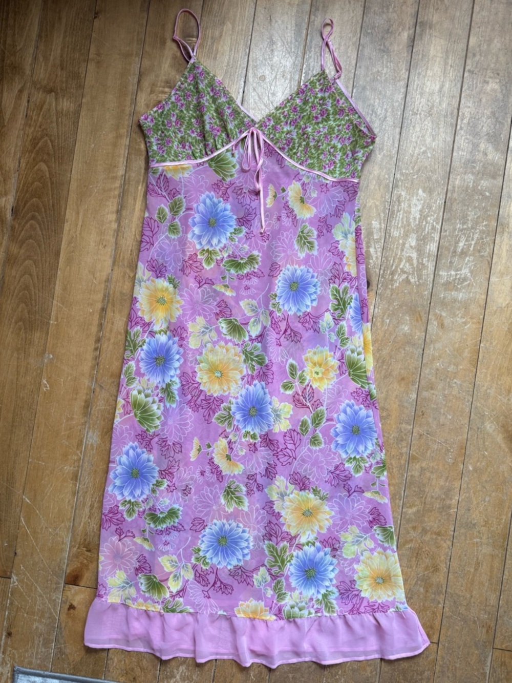 Floral Pink Slip Dress with Lavender, Blue & Yellow Blooms Ruffle Bottom Small